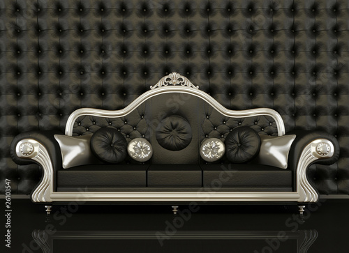 Vintage Leather Sofa on Photo  Classic Leather Sofa With A Silver Frame On Black Background