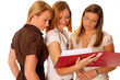 Three cute young girls with notebook isolated Three cute young girls with notebook isolated