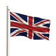 Flag of the United Kingdom waving in the wind over white