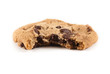 Single chocolate chip cookie with bite on isolated background