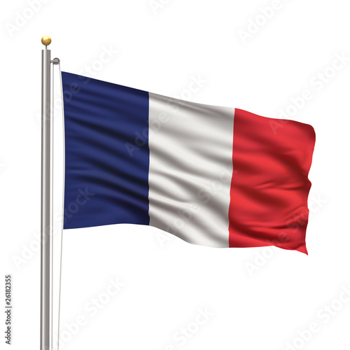Photo: Flag of France waving in the wind in front of white background Flag of France waving in the wind in front of white background