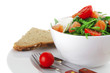 salad with salmon in white bowl salad with salmon in white bowl