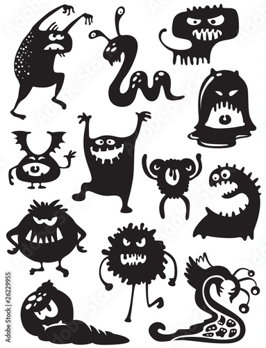 Vector: Silhouettes of cute doodle monsters-bacteria Silhouettes of cute doodle monsters-bacteria