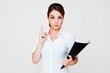 serious businesswoman with her finger up serious businesswoman with her finger up