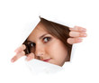 Girl is looking through a hole Girl is looking through a hole
