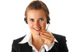 smiling modern business woman with headset isolated on white.