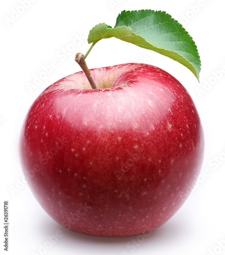 Foto: Ripe red apple with a leaf. Ripe red apple with a leaf.