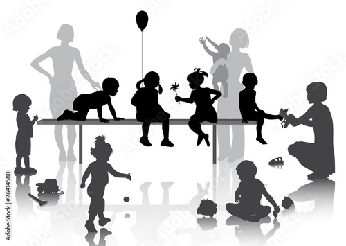 Vektor: 8 children playing with some toys with mothers 8 children playing with some toys with mothers