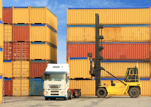 Photo: forklift and truck with shipping containers forklift and truck with shipping containers