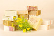 group of handmade soap with herbal material group of handmade soap with herbal material