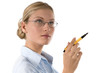 Contemplative business woman with pen