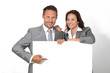 Business people showing message board