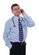 Smiling doctor makes phone call Smiling doctor makes phone call