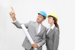 Business people with security helmet on white background