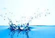 blue water splash, white background.
