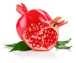 pomegranate fresh fruits with cut and green leaves pomegranate fresh fruits with cut and green leaves