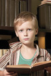 The boy reads the book with a serious kind. The boy reads the book with a serious kind.
