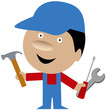 Repairman or handyman holding a hammer, screwdriver and wrench