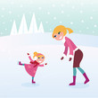 Ice skating girl with her mother on sport stadium. VECTOR