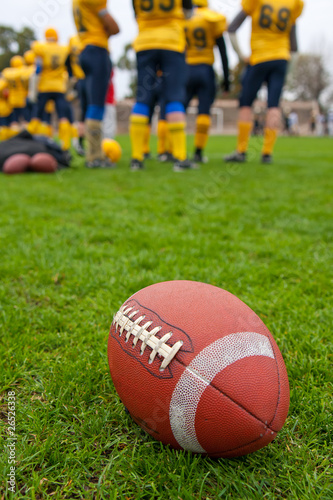 Photo: Rugby ball on a grass on a background of players Rugby ball on a grass on a background of players