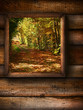Fall landscape view through a pine window Fall landscape view through a pine window