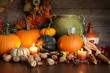 Festive autumn variety of gourds and pumpkins