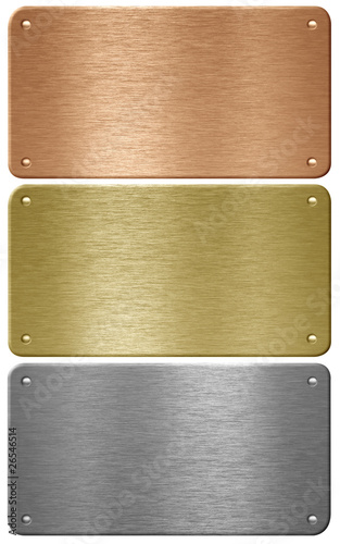Illustration: Aluminum, copper and brass metal plates with rivets isolated wit Aluminum, copper and brass metal plates with rivets isolated wit