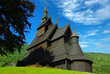 Autumn Norway landscape with stavkirke Autumn Norway landscape with stavkirke
