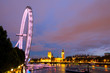Evening view of London Eye and House of Parliament. UK
