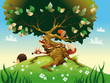 Cartoon landscape with animals. Vector illustration