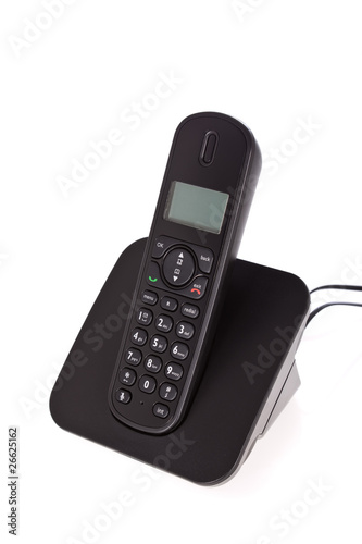 Photo: Black cordless phone isolated on white background Black cordless phone isolated on white background
