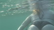 Rear view of a woman swimming underwater