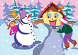 Children play on the front of happy house.
