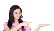 Brunette girl pointing her hand palm