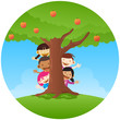Kids playing peekaboo, hiding on big apple tree Kids playing peekaboo, hiding on big apple tree