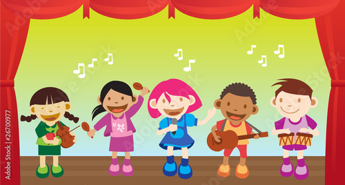 Illustration: MultiCultural Children performing a music on the stage MultiCultural Children performing a music on the stage