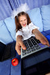 hard time in learning - girl with calculator, laptop and red app hard time in learning - girl with calculator, laptop and red app
