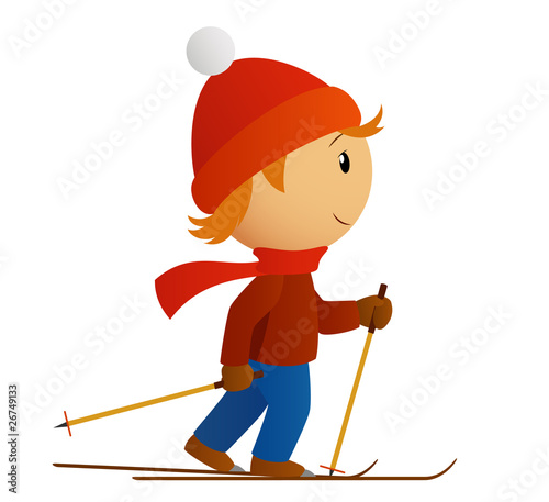 Vector: Little skier in red hat and scarf walking ski Little skier in red hat and scarf walking ski