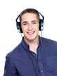 Happy man with headphones on head