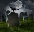 Cemetery with old gravestones and moon