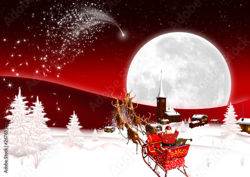 Illustration: Winterlandschaft bei Vollmond - Weihnachtsgespann Winterlandschaft bei Vollmond - Weihnachtsgespann