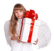 Angel child  with gift box. Isolated.