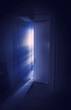 Blue rays of light behind the door