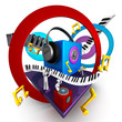 Colorful musical world stage with speaker piano 3d illustration