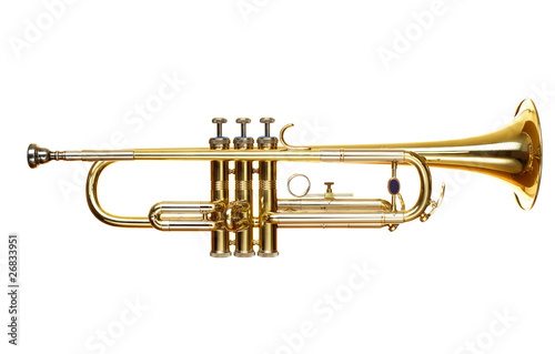 Photo: brass trumpet over white background brass trumpet over white background