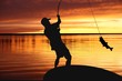 fisherman with a catching fish on sunrise background