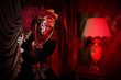 cool Venetian mask makeup over vintage interior