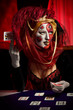cool Venetian mask makeup over vintage interior