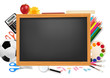 Black desk with school supplies. Vector. Black desk with school supplies. Vector.
