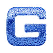 Blue ice alphabet symbol - letter G. Water drops on glossy metal